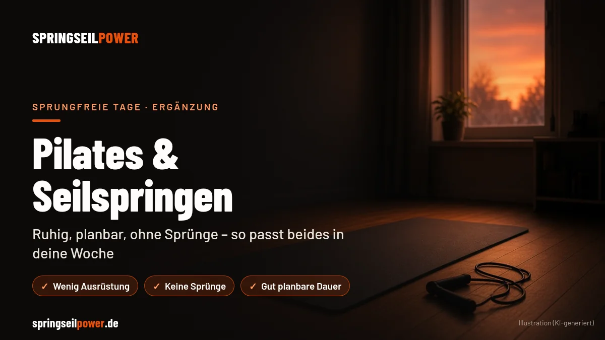 Titelbild Pilates und Seilspringen: Trainingsmatte und aufgerolltes Springseil in einem ruhigen, dunklen Raum, dazu die Stichworte wenig Ausr&uuml;stung, keine Spr&uuml;nge, gut planbare Dauer