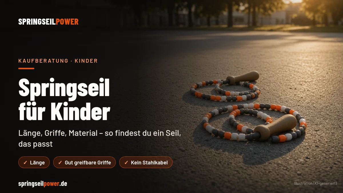 Titelbild Springseil für Kinder: bunte Perlenspringseile ohne Markenlogo auf dem Asphalt eines Schulhofs, dazu die Stichworte Länge, gut greifbare Griffe, kein Stahlkabel